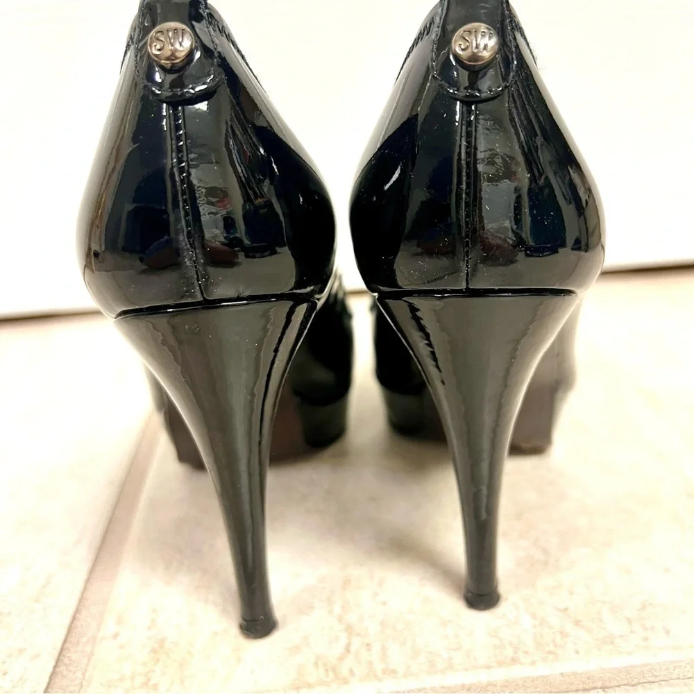Stuart Weitzman Patent Leather Peep Toe Heels Women's Black Size 7M platform